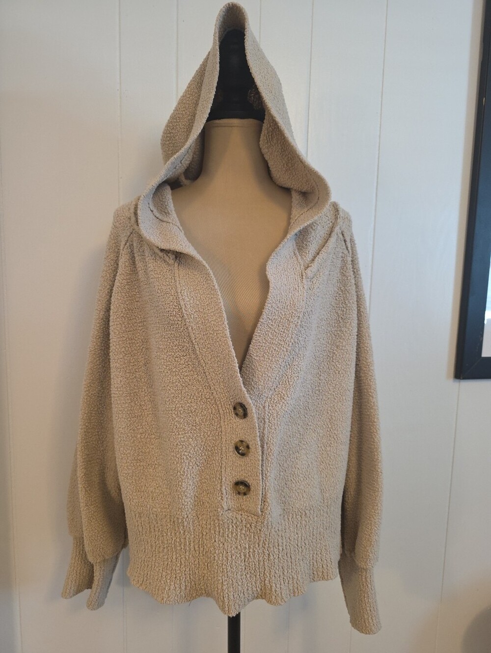 Andree By Unit ALL FOR ME Boucle Henley Sweater With Hood Beige Size L